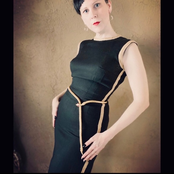 VTG 1960’s Black Linen Wiggle Dress Gold Trim - Picture 1 of 14